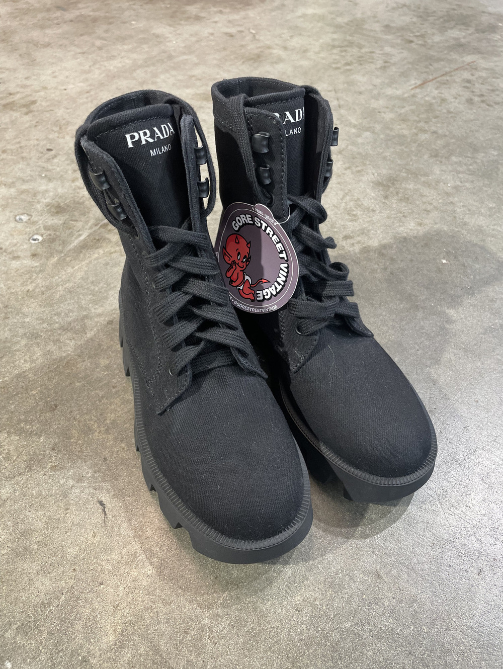 Womens Black Prada Block Combat Canvas Boots Size 5